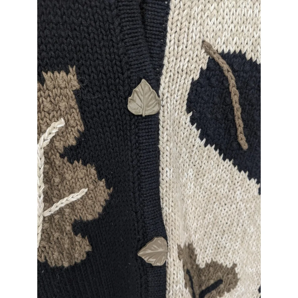 Vintage Sweater Women XL Black Beige Long Cardigan‎ Fall Leaves Embroidered Knit